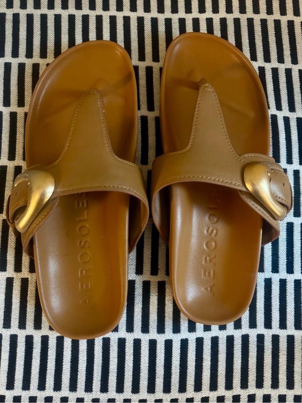 AEROSOLES Tan Leather Slide Sandals with Gold Buckle